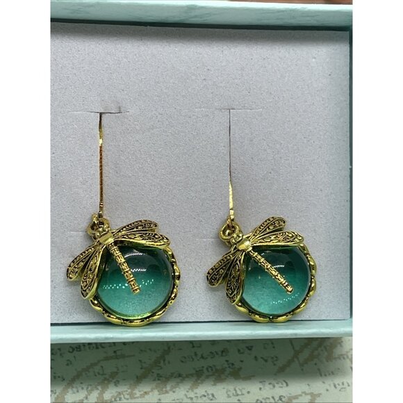 Gold plate Iridescent Dragonfly Wire Green Earrings Fall Gift Mom Birthday Wife - Picture 13 of 15